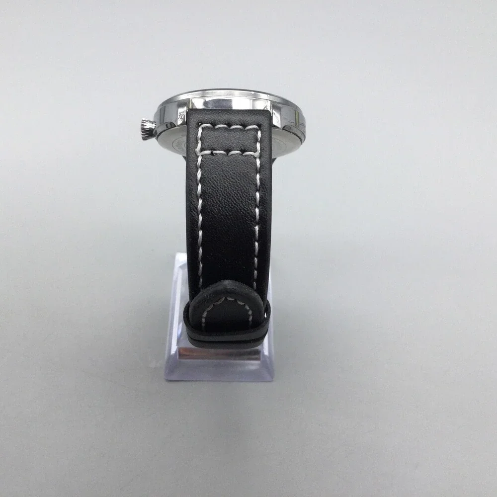Vince Camuto Mens Watch 42mm Silver Tone Blue Dial Black Faux Leather 3ATM